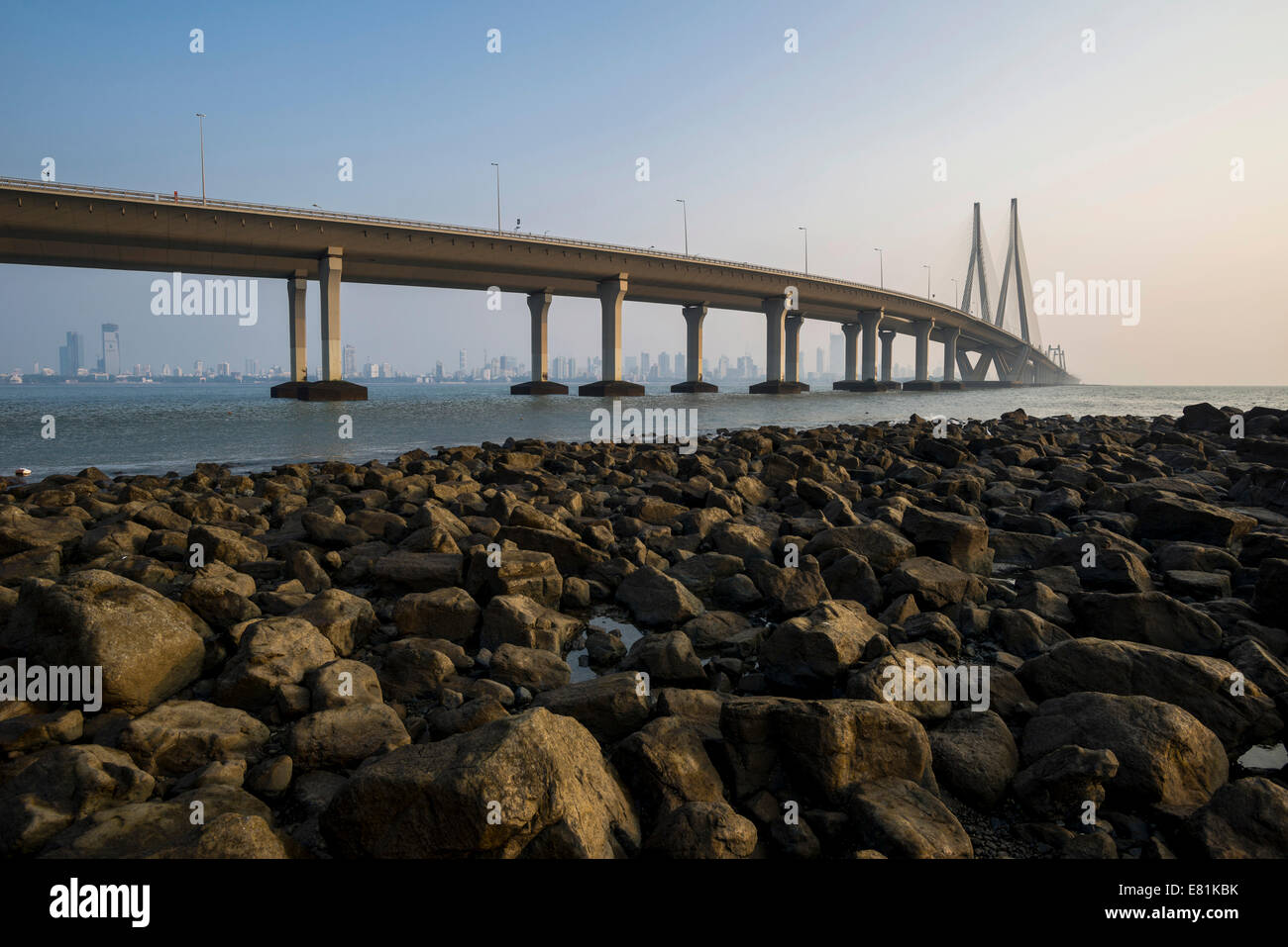 Bandra–Worli Sea Link, or Rajiv Gandhi Sea Link, Mahim Bay, Mumbai, Maharashtra, India Stock Photo