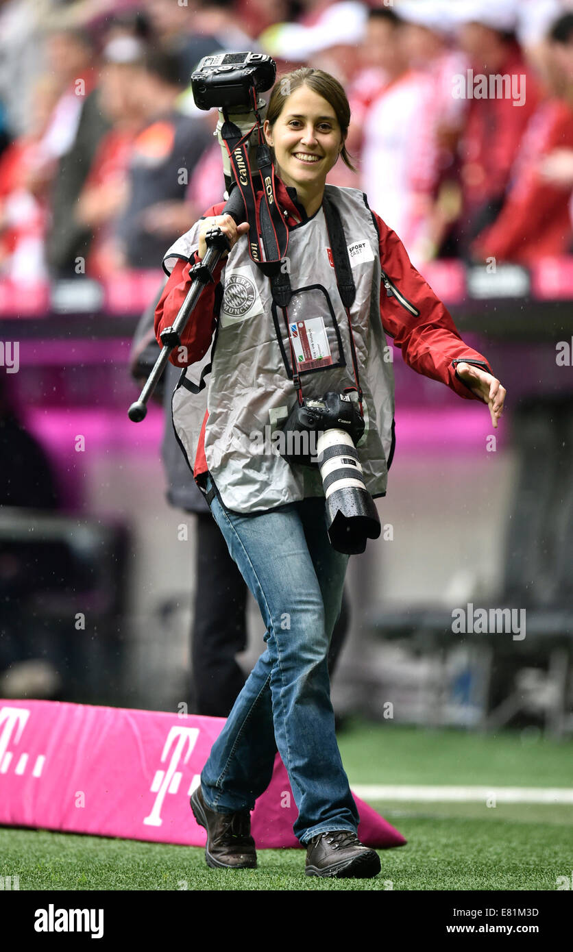 Female press photographer, sports photographer, Allianz Arena, Munich, Bavaria, Germany Stock Photo