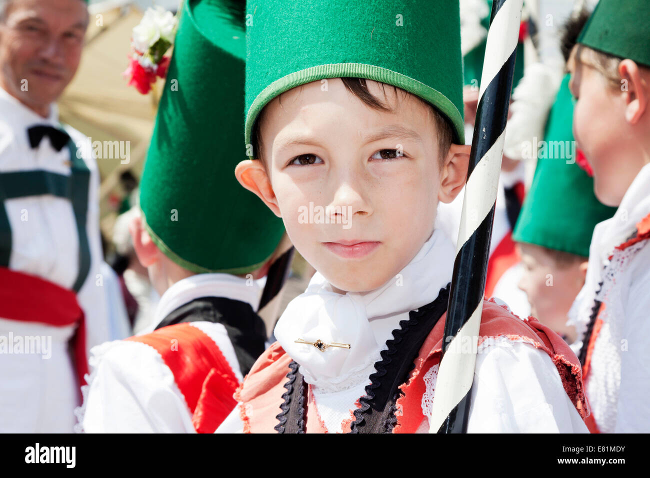 Young fishermen during a parade, Fischerstechen or water jousting festival, Ulm, Baden-Württemberg, Germany Stock Photo
