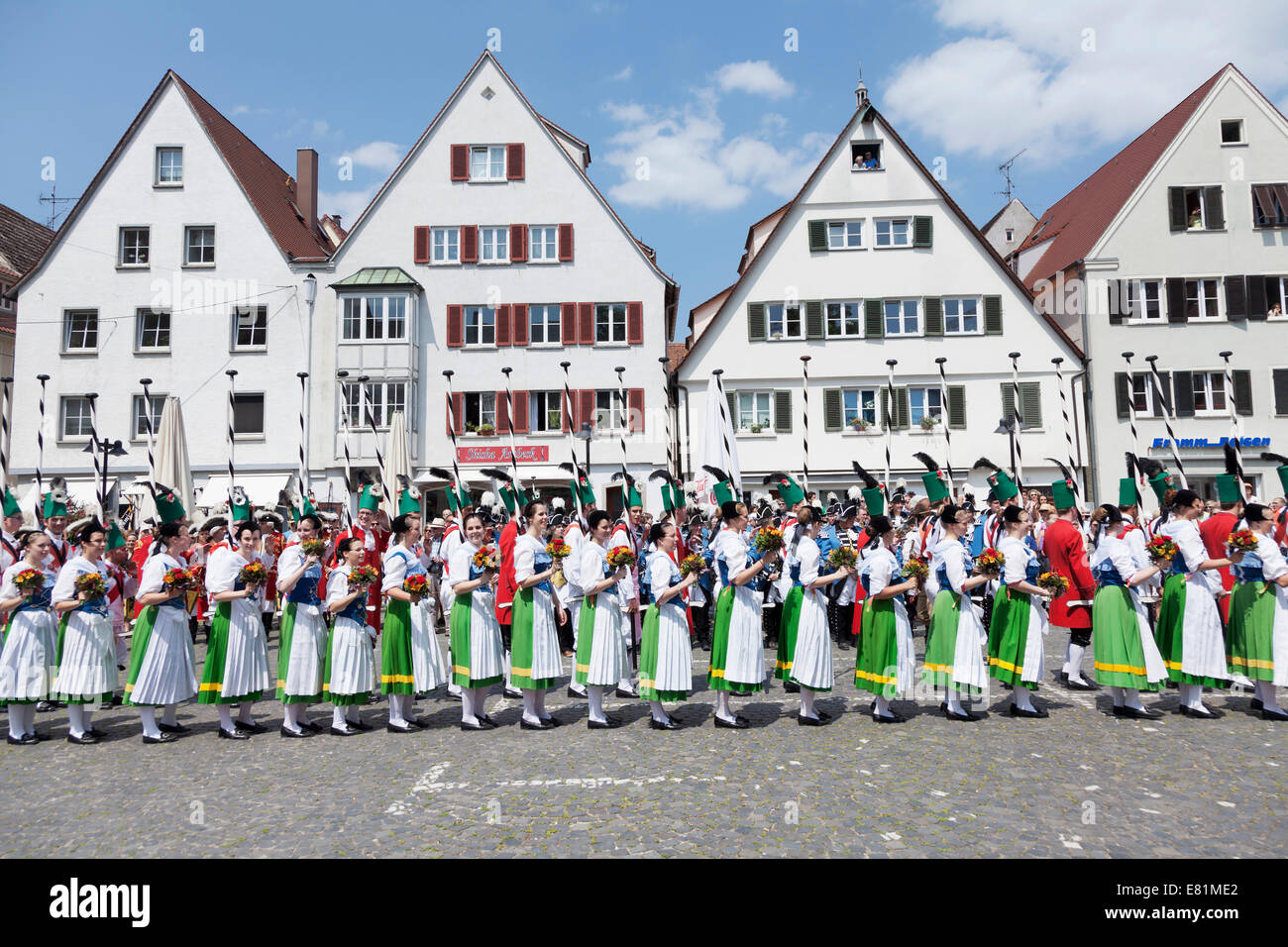 Menuettgruppe dance group with fishing girls and white fishermen during the fishing dance, Fischerstechen or water jousting Stock Photo