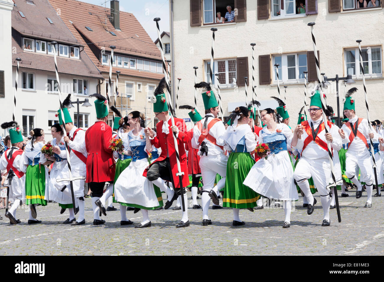 Menuettgruppe dance group with fishing girls and white fishermen during the fishing dance, Fischerstechen or water jousting Stock Photo