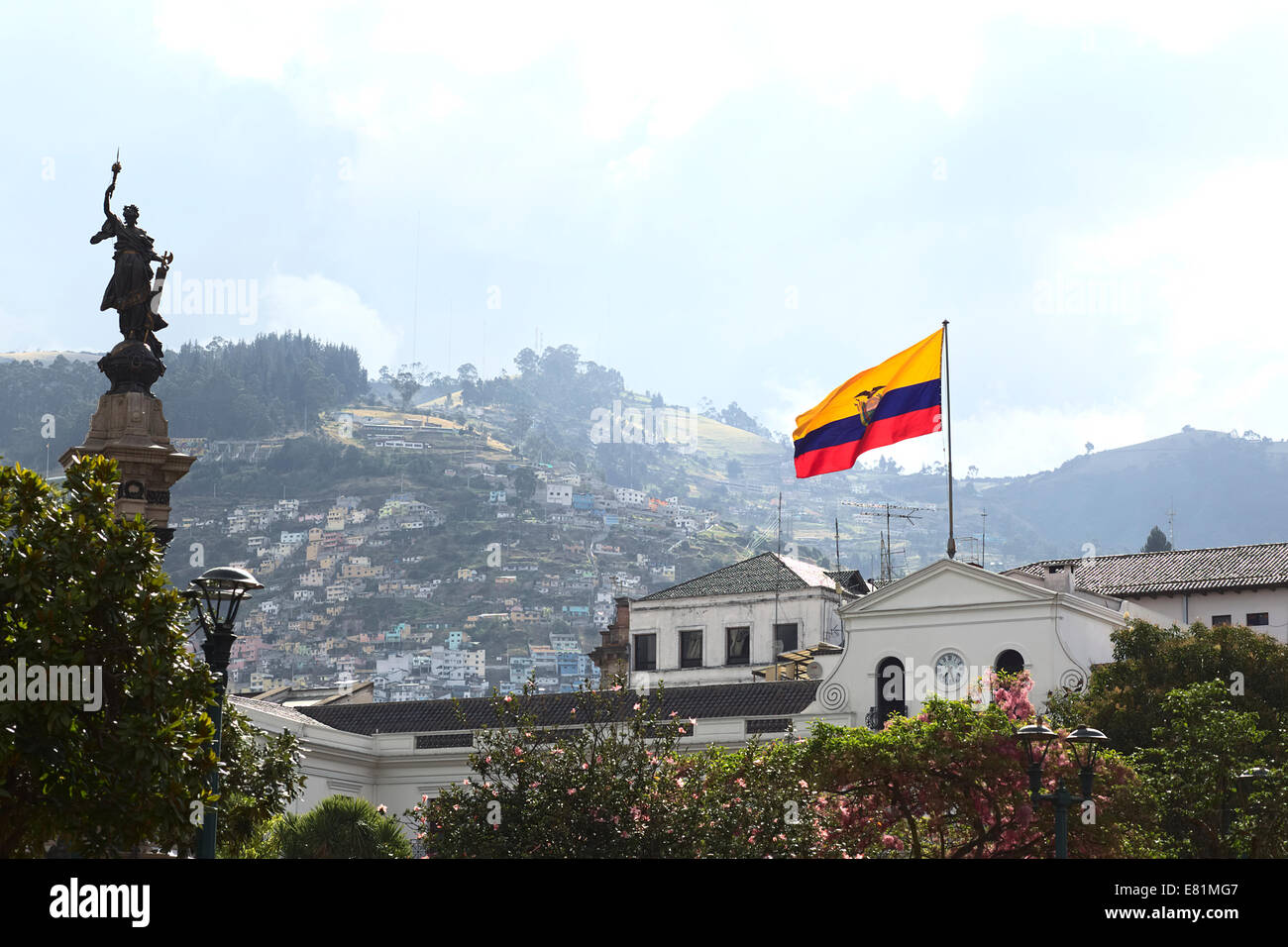 Ecuadorian flag flying on the top of Carondelet Palace (Presidential Palace) on Plaza Grande in Quito, Ecuador Stock Photo