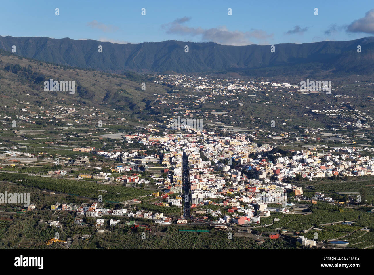 Towns of Los Llanos de Aridane and El Paso, view from the Mirador del Time or El Time, La Palma, Canary Islands, Spain Stock Photo