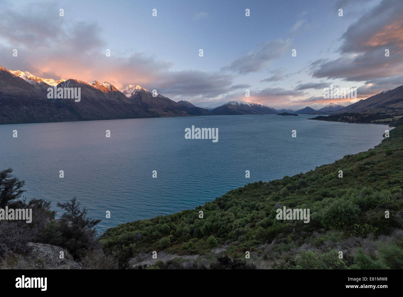 Lake Wakatipu at sunrise, Otago Region, South Island, New Zealand Stock ...