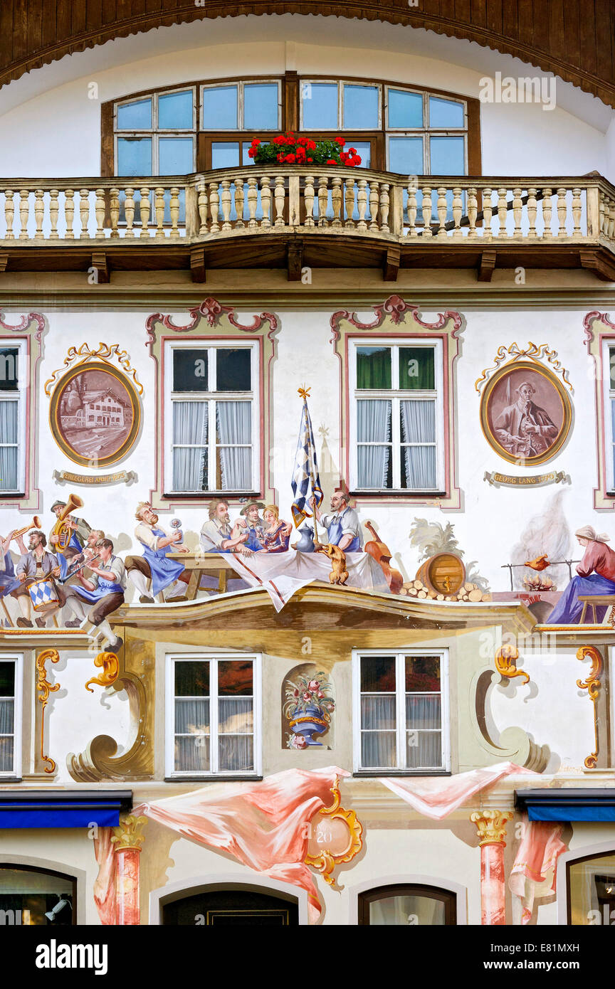 House of the publisher Georg Lang, birthplace of Ludwig Thoma, Lüftlmalerei, Oberammergau, Upper Bavaria, Bavaria, Germany Stock Photo