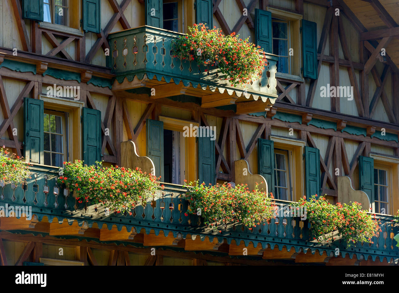 Balconies, flower boxes with Geraniums (Pelargonium sp.), Schlosshotel Linderhof, Schloss Linderhof Palace, Upper Bavaria Stock Photo