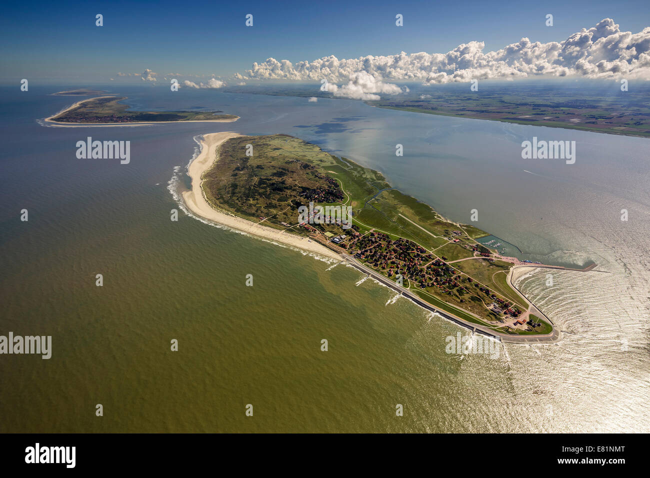 Aerial view, groynes protection against land being washed away, Wadden Sea, Baltrum, island in the North Sea Stock Photo