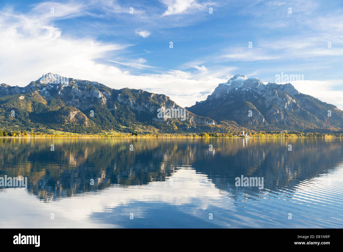 Autumn mood with mountain views on Forggensee lake near Füssen, East Allgäu, Bavaria, Germany Stock Photo