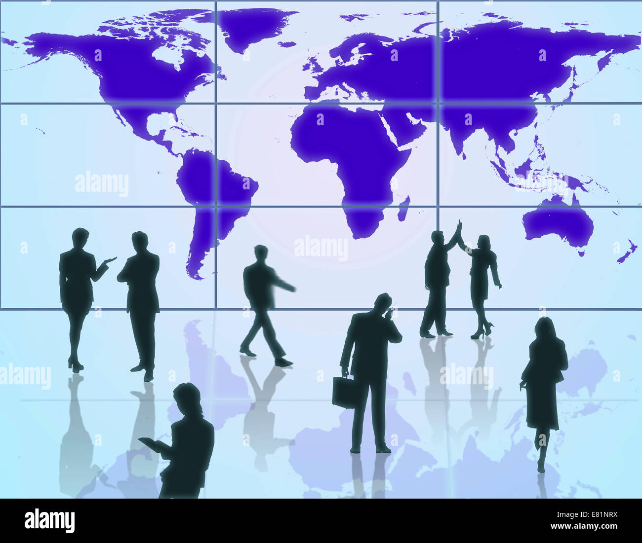Business people in front of a world map, illustration Stock Photo