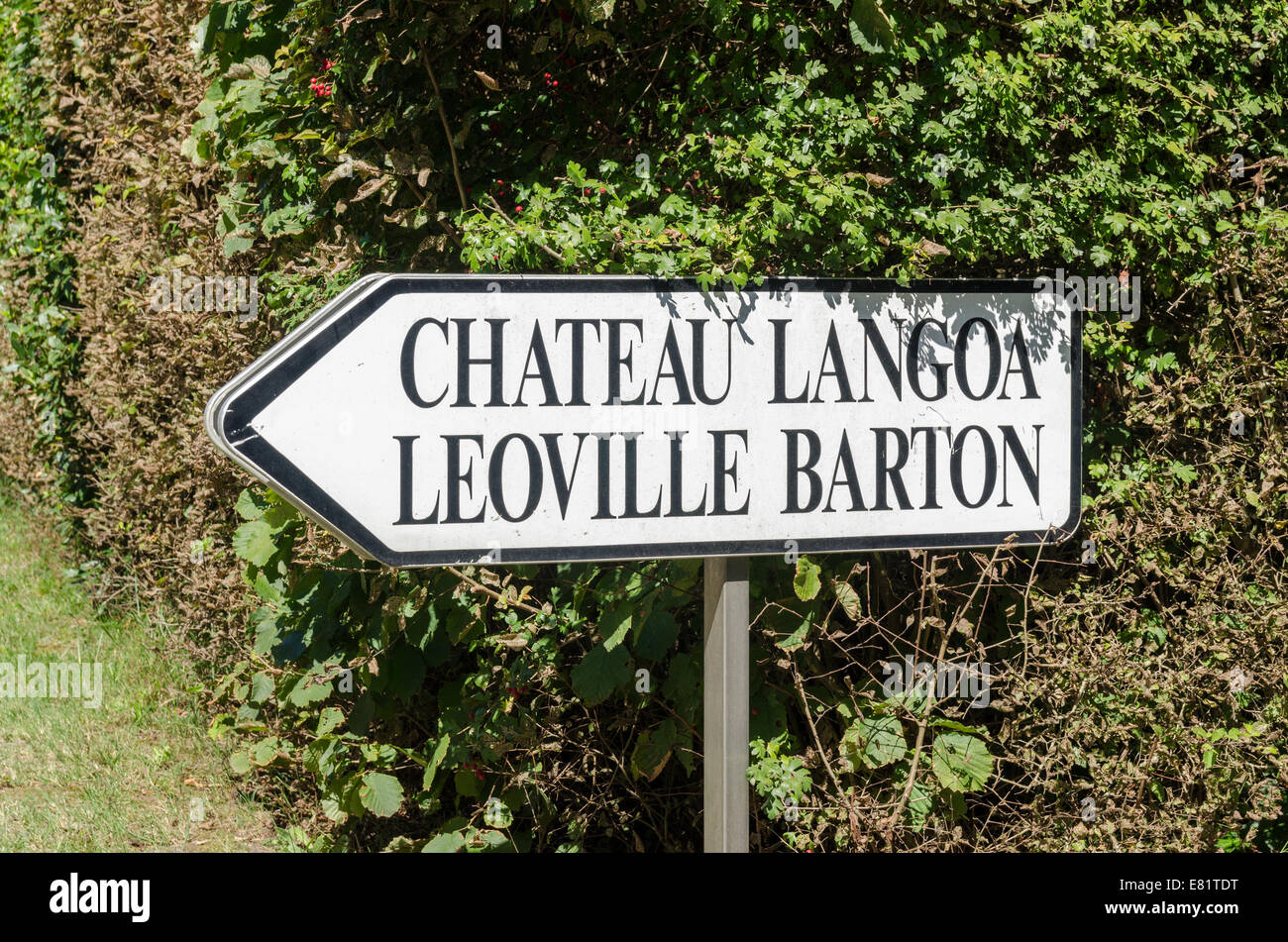 Sign pointing towards Chateau Langoa Leoville Barton in the St Julien region of Bordeaux, France