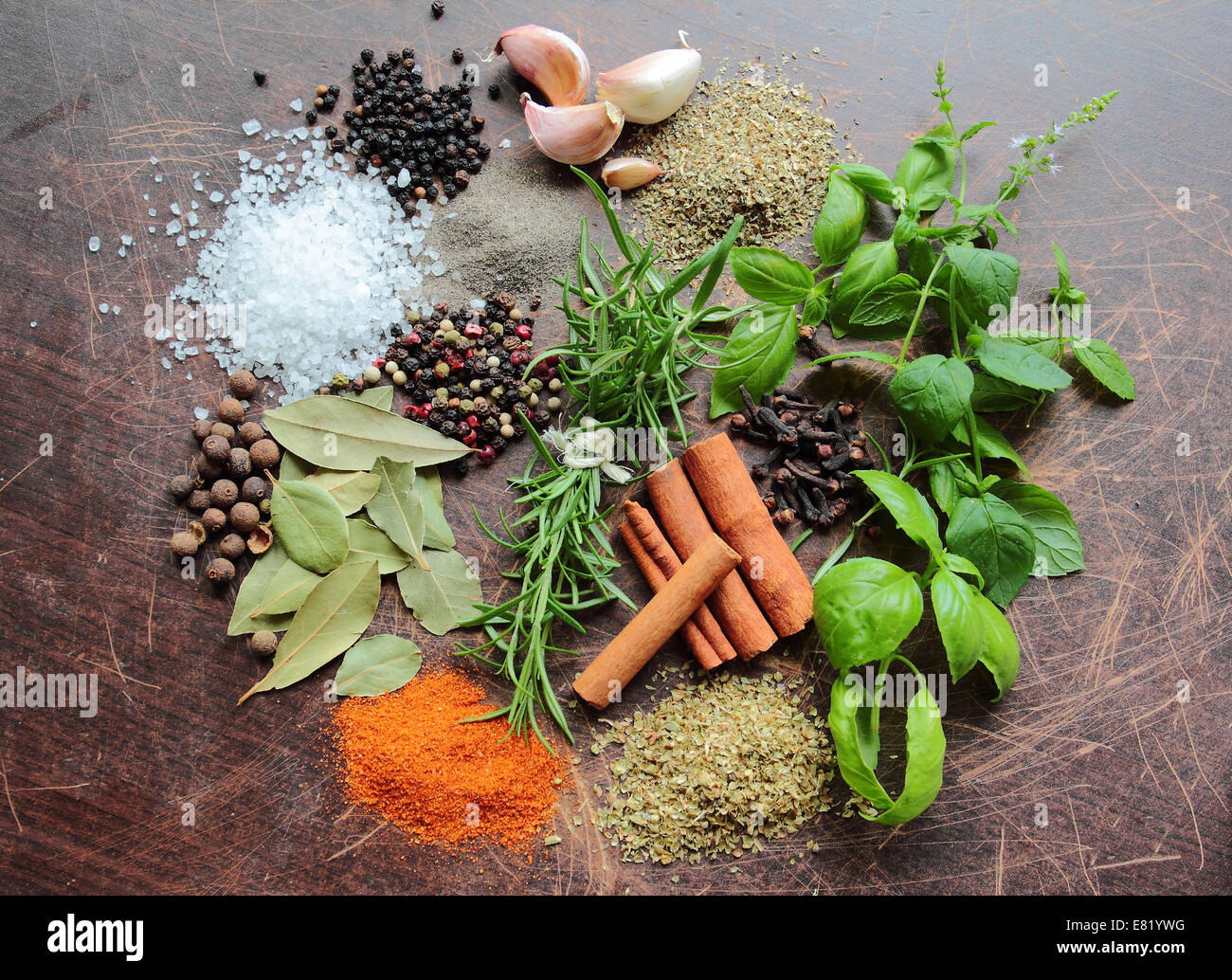 Variety of fresh herbs and aromatic spices. Food and cuisine ingredients. Stock Photo