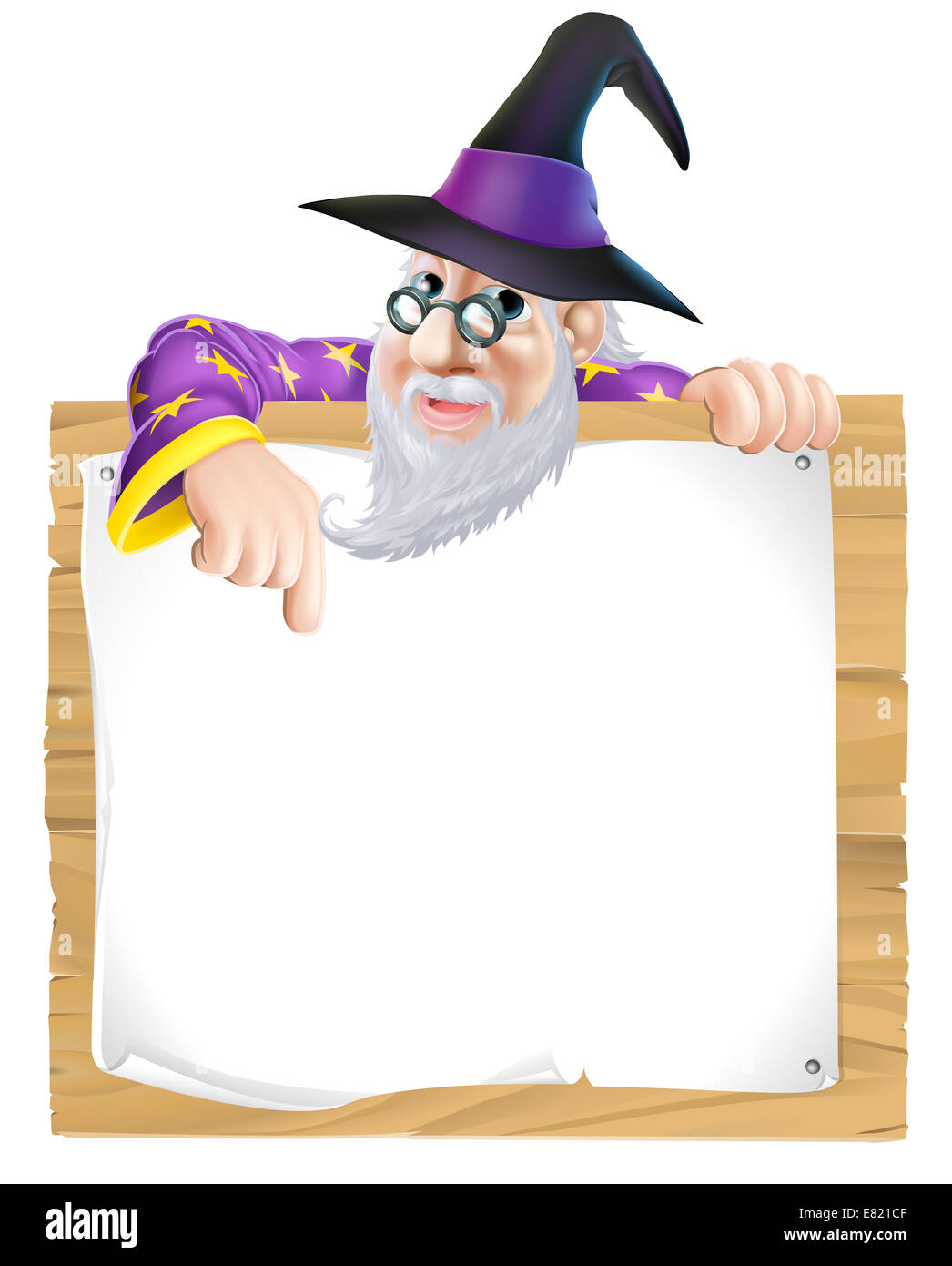 Wizard sign illustration, a cartoon wizard character pointing at a sign with copy-space Stock Photo