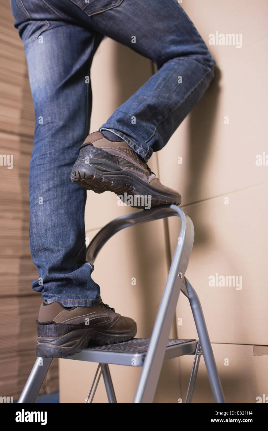 Ladder Work Stock Image Worker on ladder in warehouse Stock Photo - Alamy