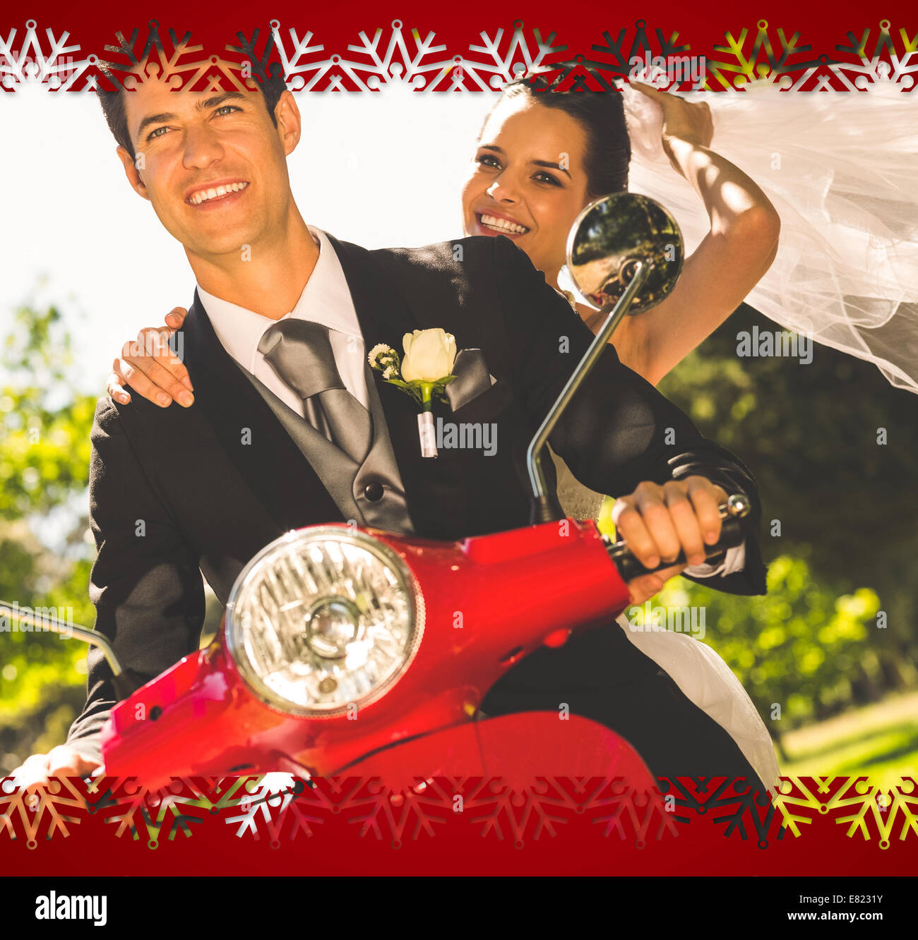 Newlywed couple enjoying scooter ride Stock Photo