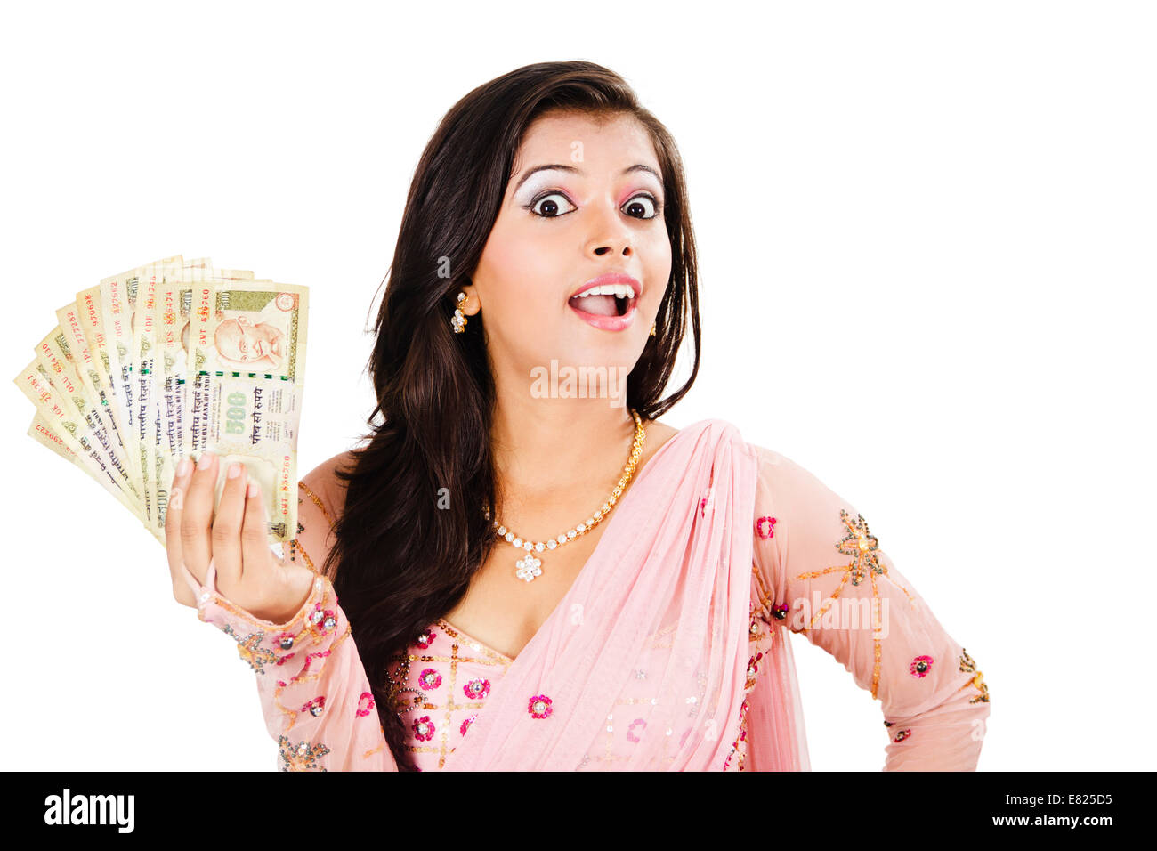 indian Beautiful Ladies  saving money Stock Photo
