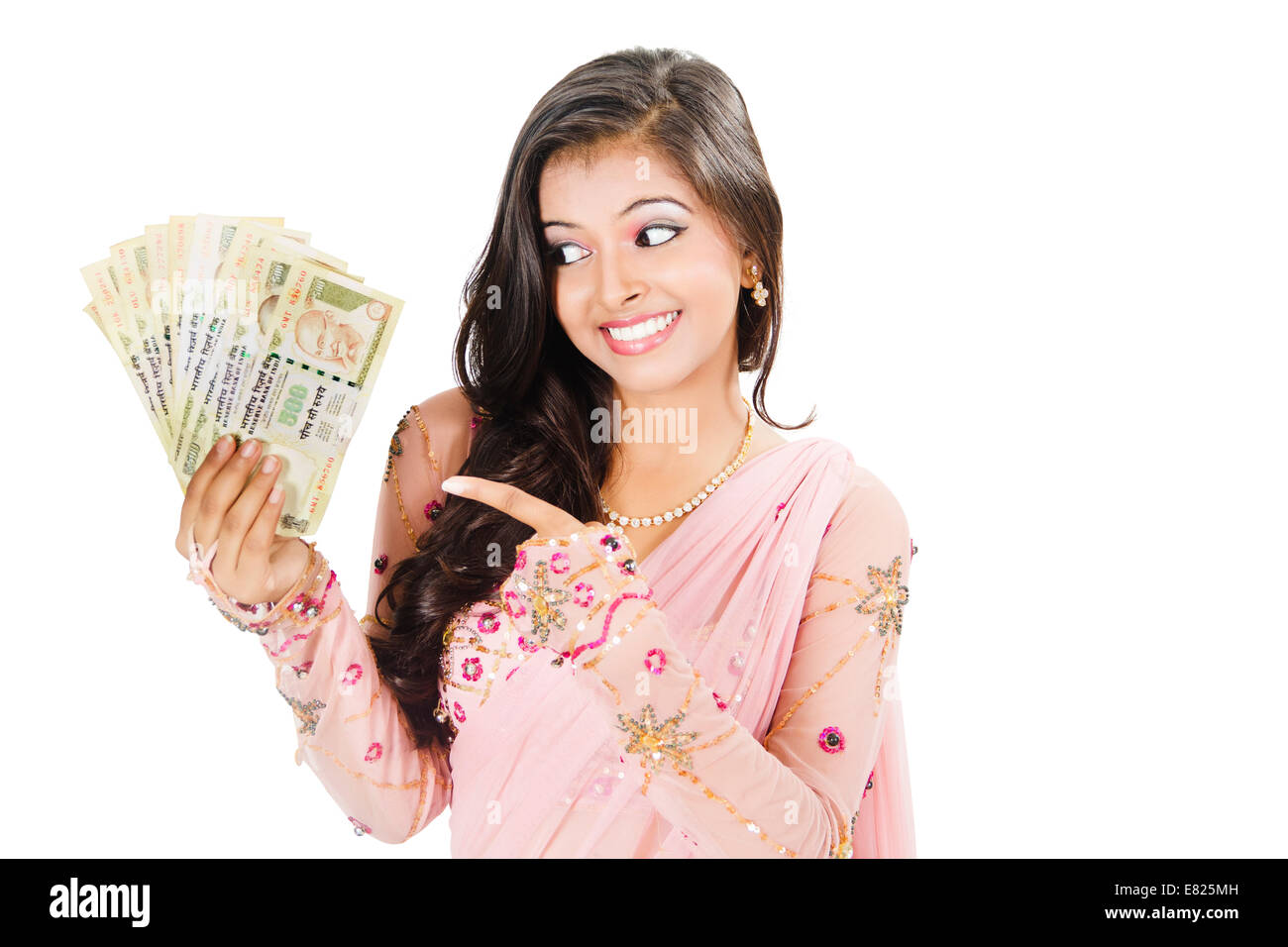 indian Beautiful Ladies  saving money Stock Photo
