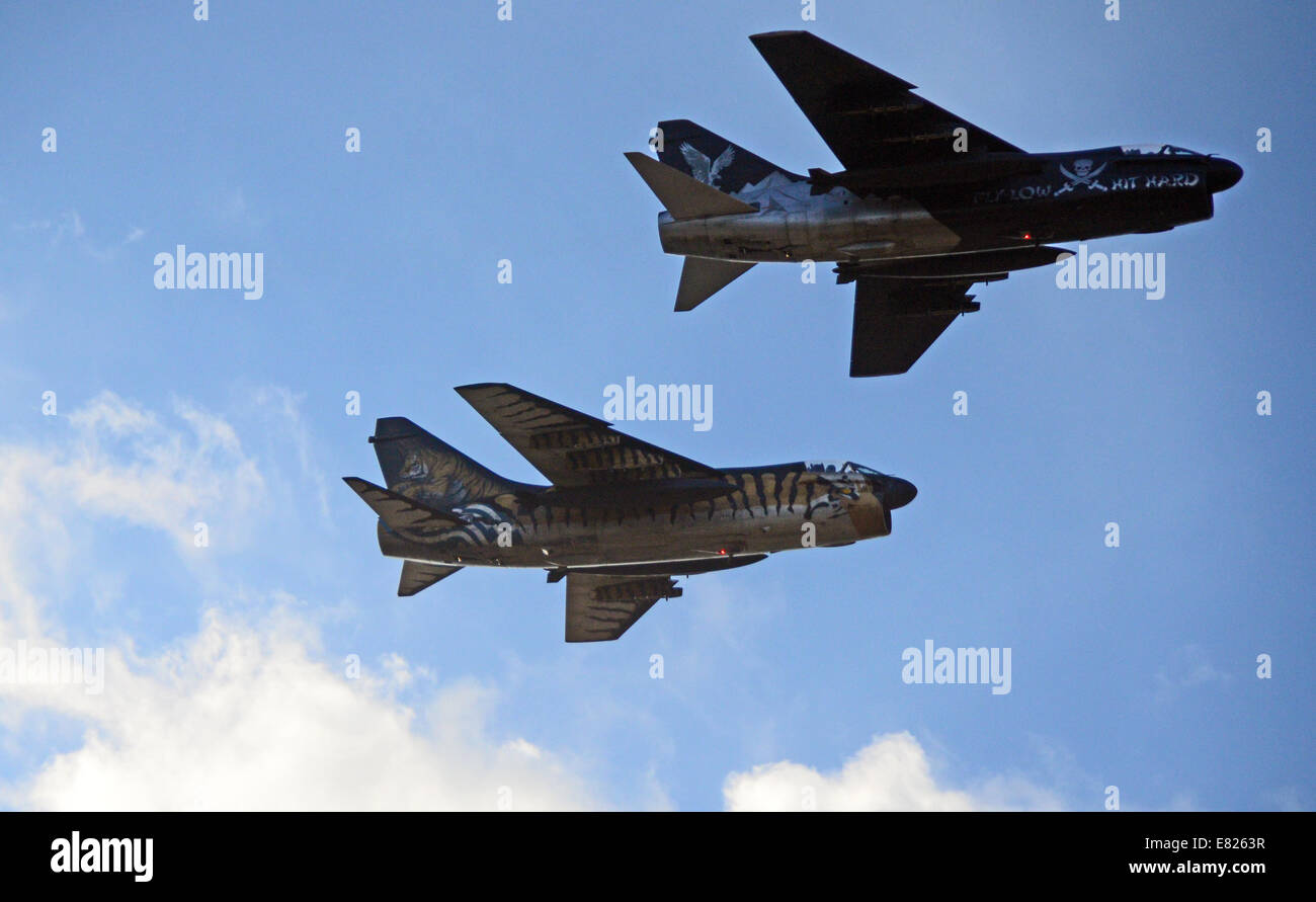 Athens, Greece. 28th Sep, 2014. 2 HAF (Hellenic Air Force) A-7E Corsair II combat aircraft specially decorated pass over the Tatoi airbase. Credit:  PACIFIC PRESS/Alamy Live News Stock Photo