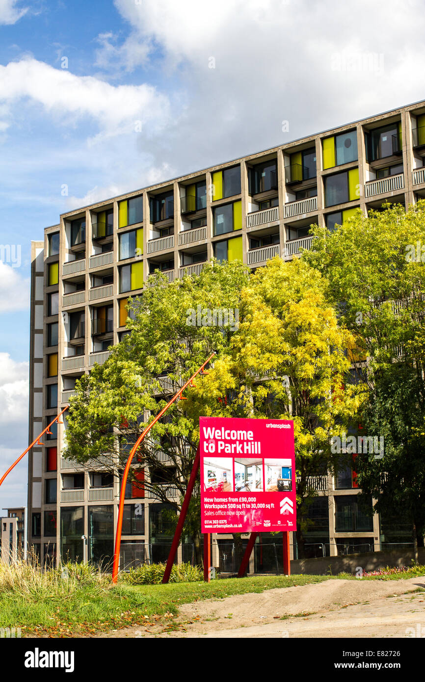 Urban Splash sign for Park Hill flats, Grade II* listed brutalist