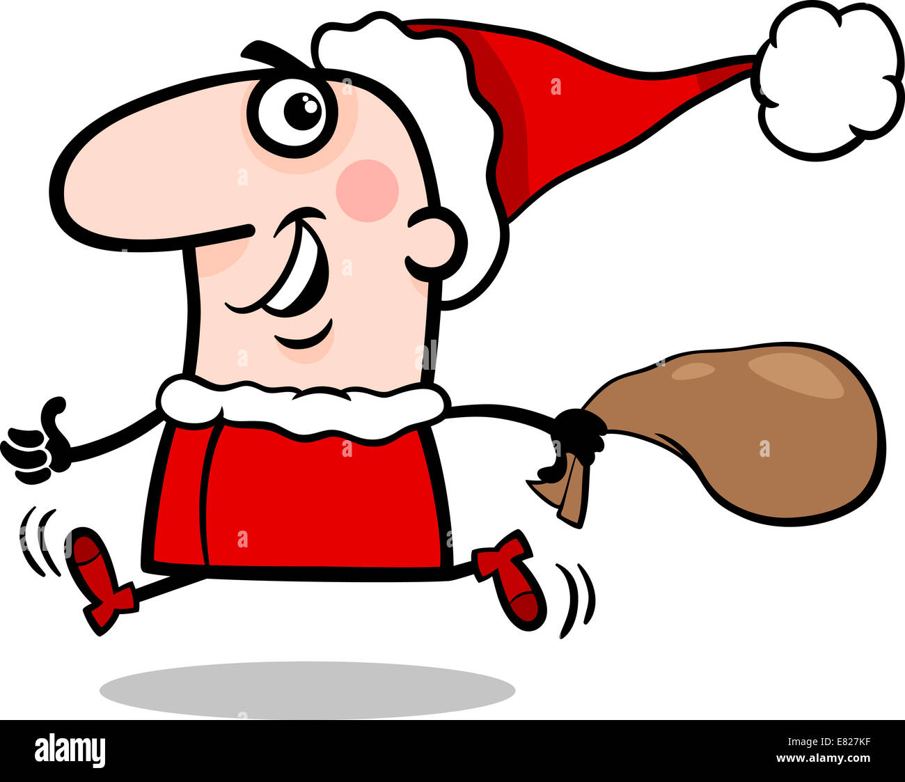 Cartoon Illustration of Running Santa Claus Character with Sack of