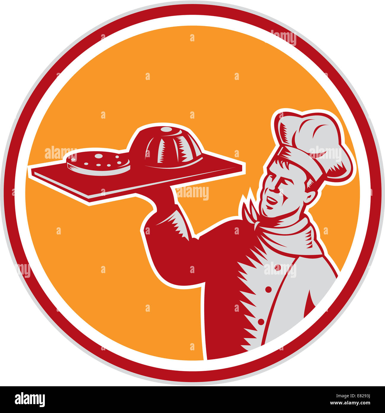 Illustration of a baker chef cook serving holding tray with food cake