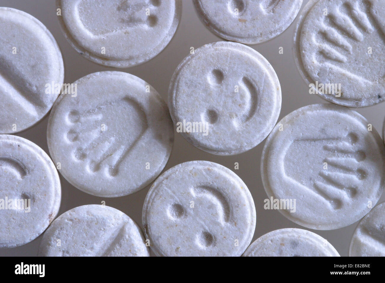 E Ecstasy pills or tablets close up studio shot methylenedioxymethamphetamine. Stock Photo