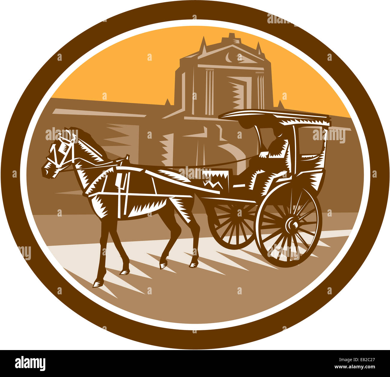 Illustration of a horse-drawn carriage or calash in frontr of the walled city in Intramuros,Manila, Philippines set inside oval Stock Photo