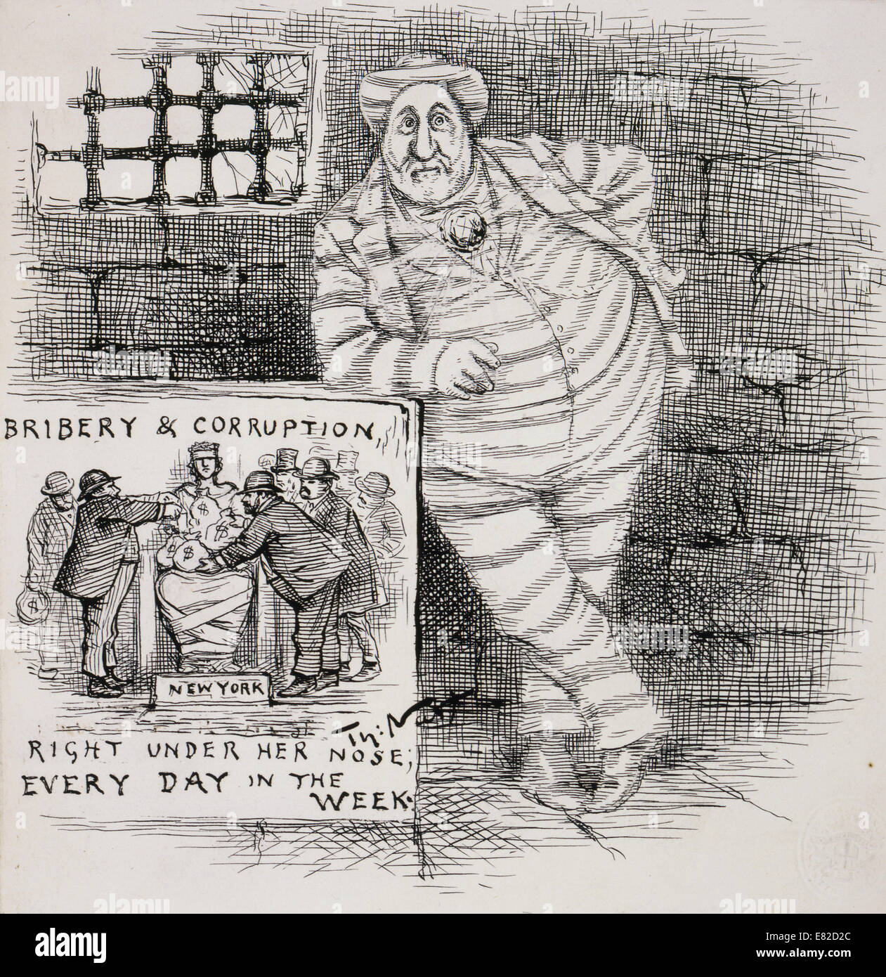 Thomas Nast (1840-1902) political cartoon depicting William Marcy 'Boss' Tweed standing in prison Stock Photo