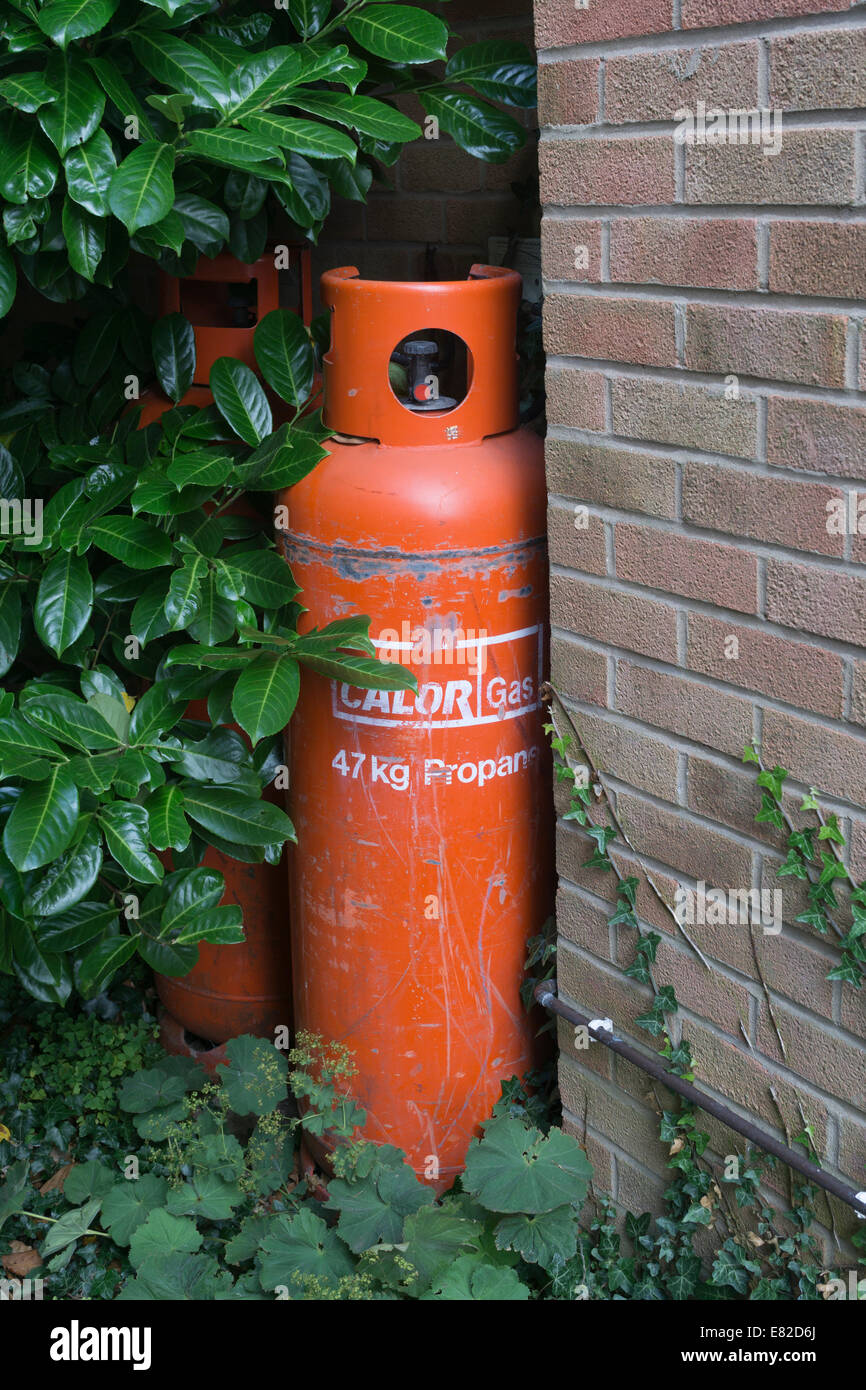 Calor Gas bottles against a house wall Stock Photo