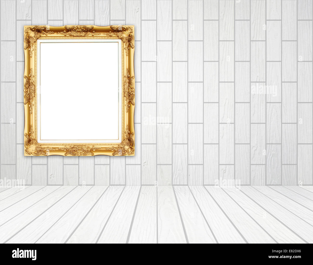 Blank Golden Frame In Room With White Wood Wall Block Style And