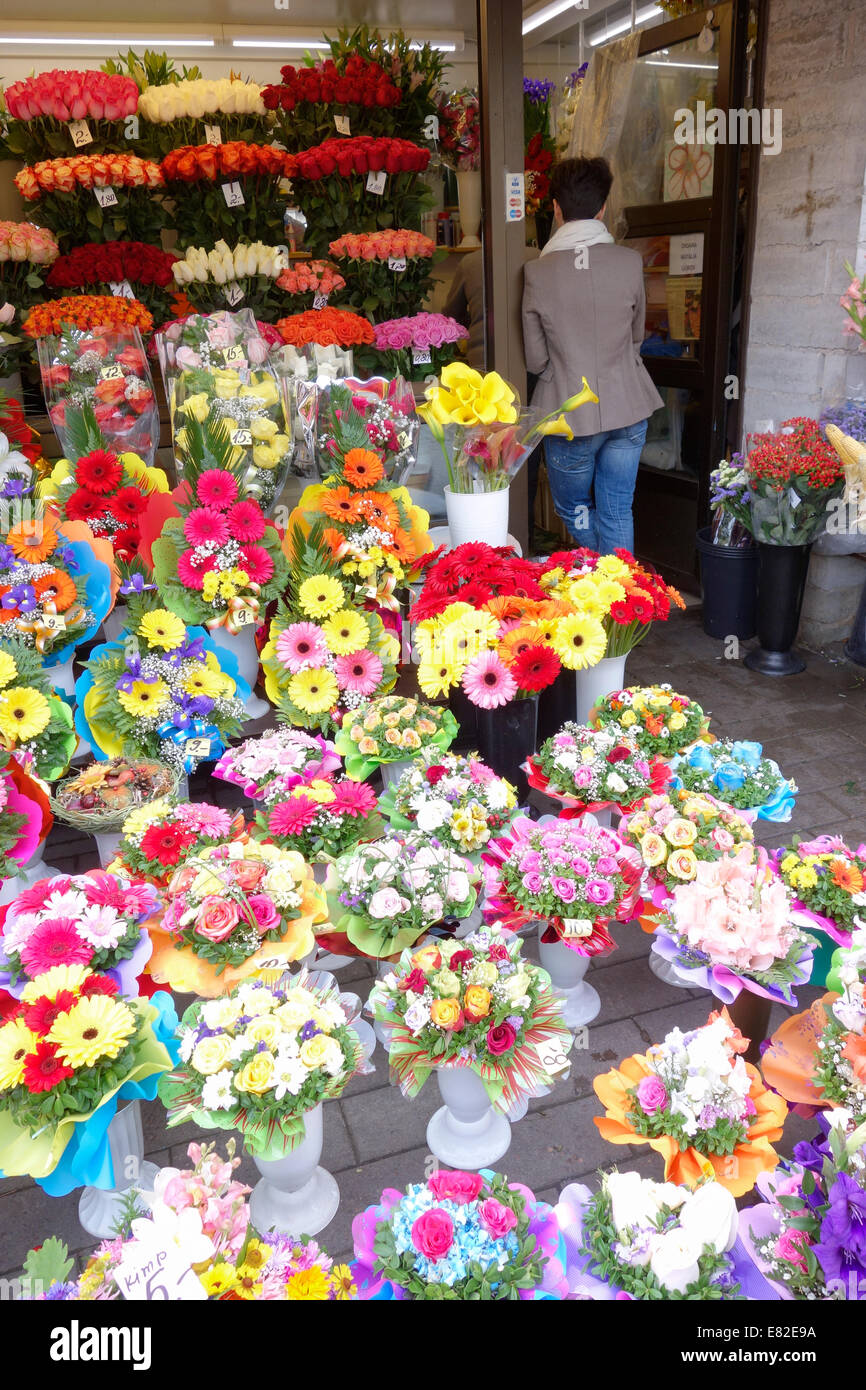 Estonia, Tallinn. Vases of flowers for sale in the flower market, Viru street, Old Town, , Stock Photo