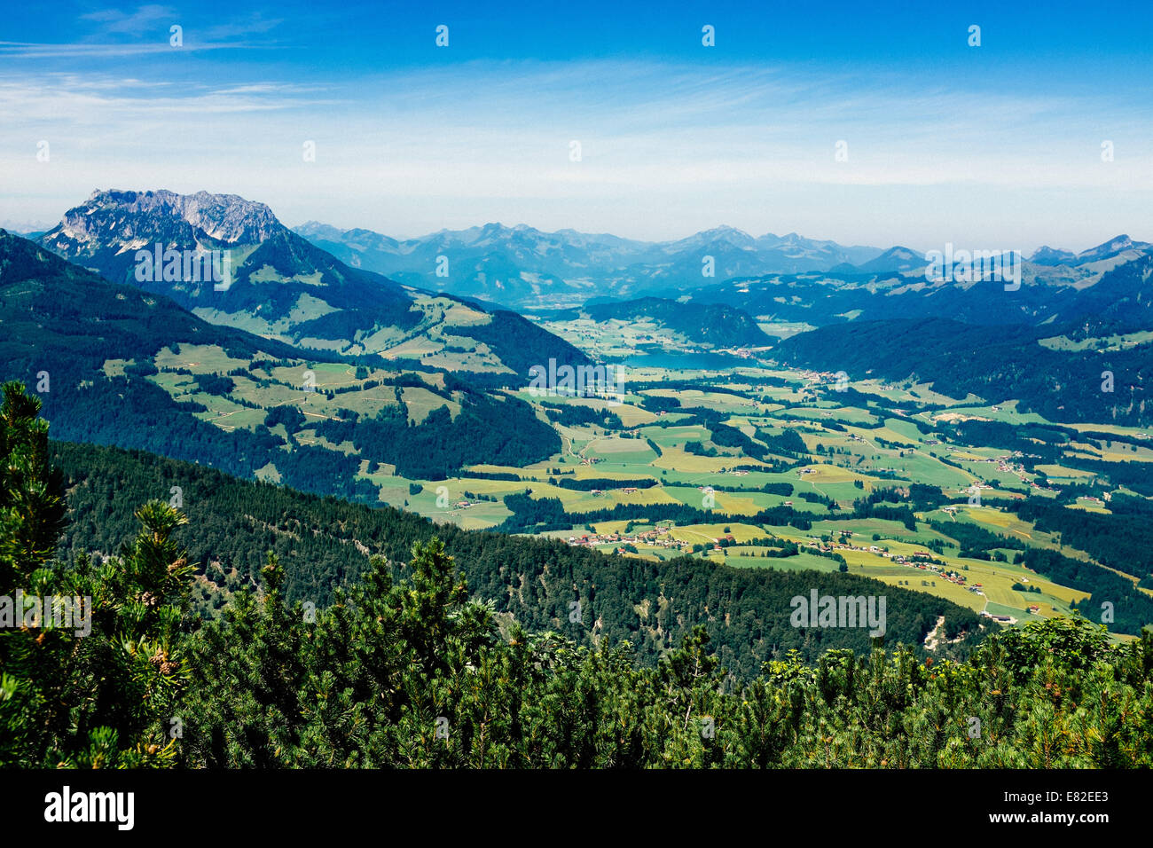 Zahmer Kaiser and Walchsee seen from the Unterberg mountain in Kossen Stock Photo