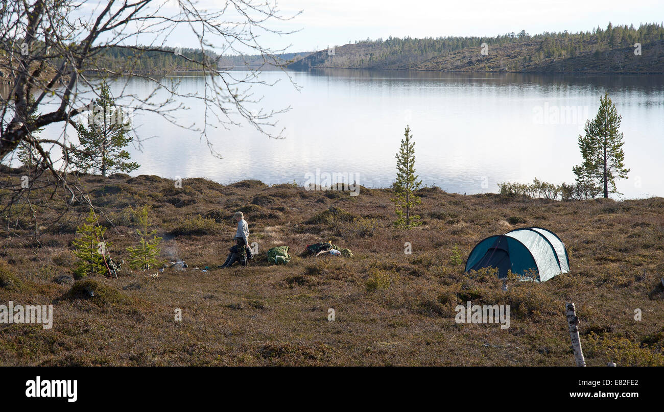 Fishermen's camp at wilderness lake, Lapland Stock Photo
