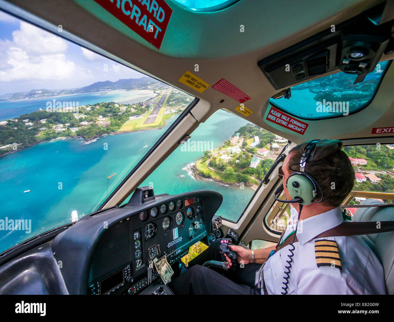 Caribbean, St. Lucia, helicopter approach airport Stock Photo