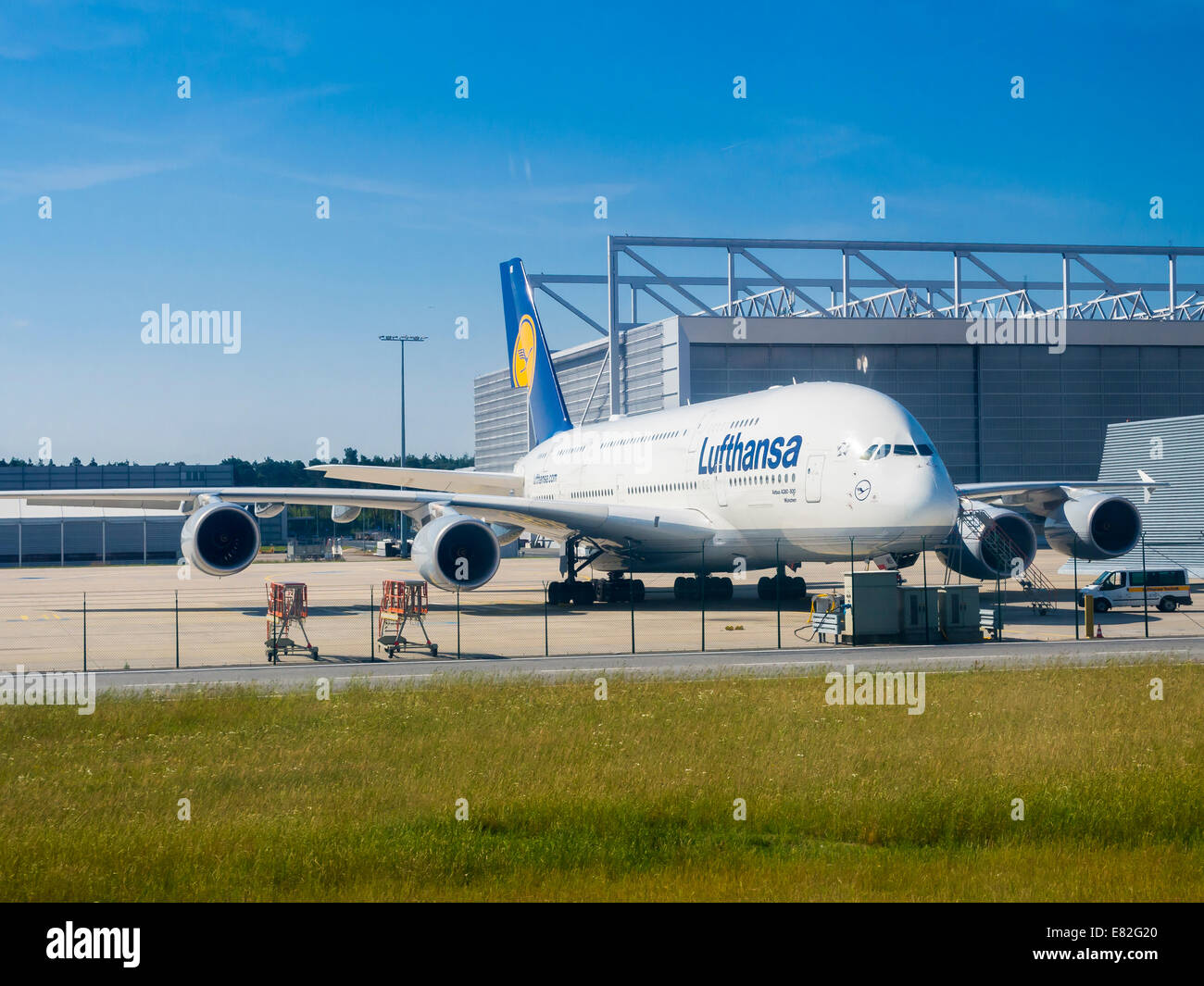 Germany, Hesse, Frankfurt, Lufthansa Airbus A380 at maintenance hangar Stock Photo