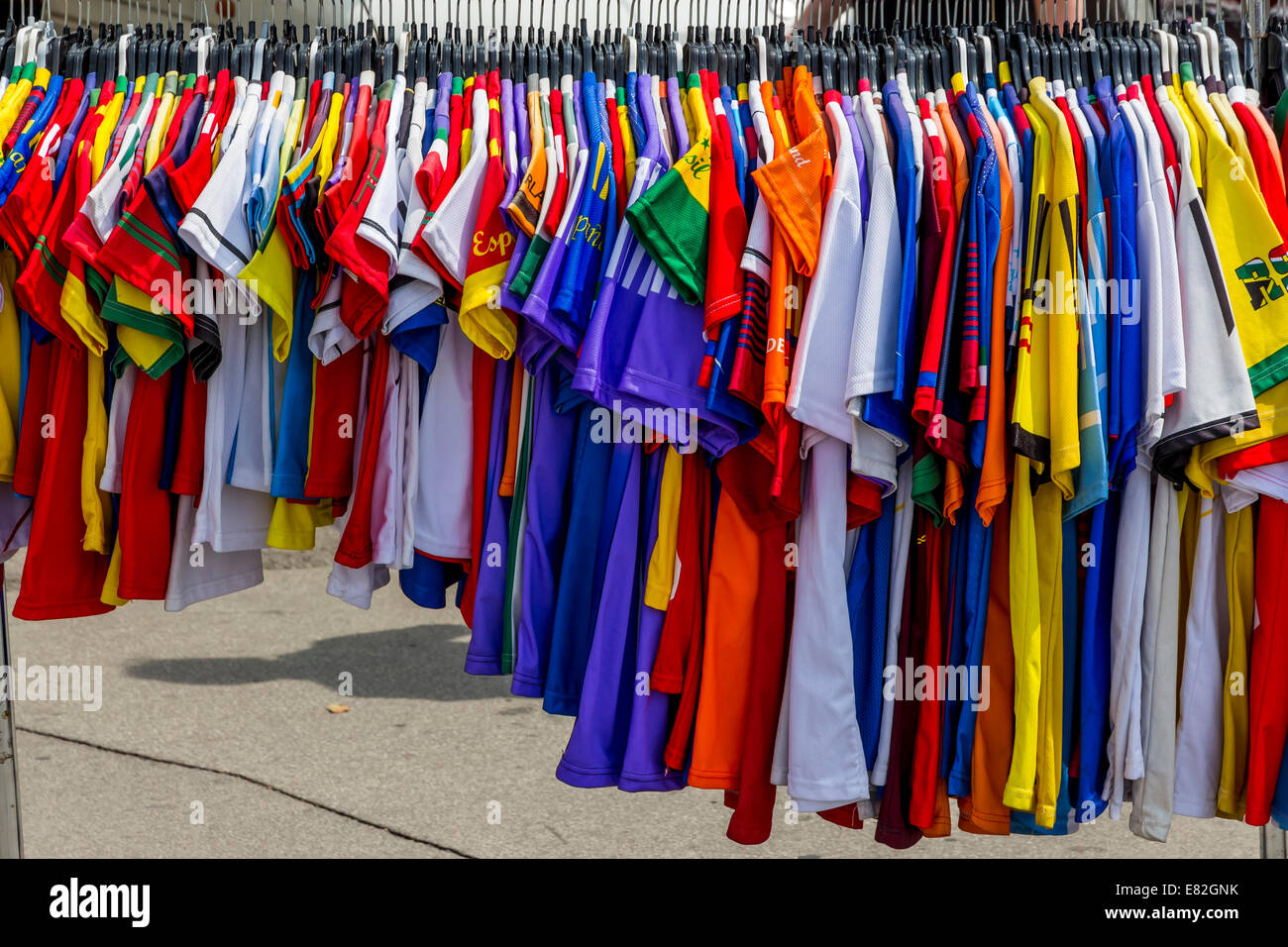 Austria, Vienna, row of football shirts at Naschmarkt Stock Photo Alamy