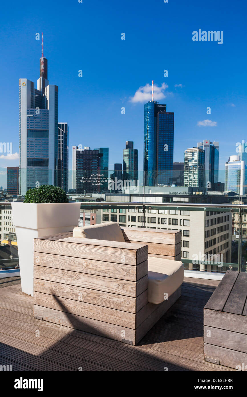 Germany, Hesse, Frankfurt, skylounge restaurant and financial buildings Stock Photo