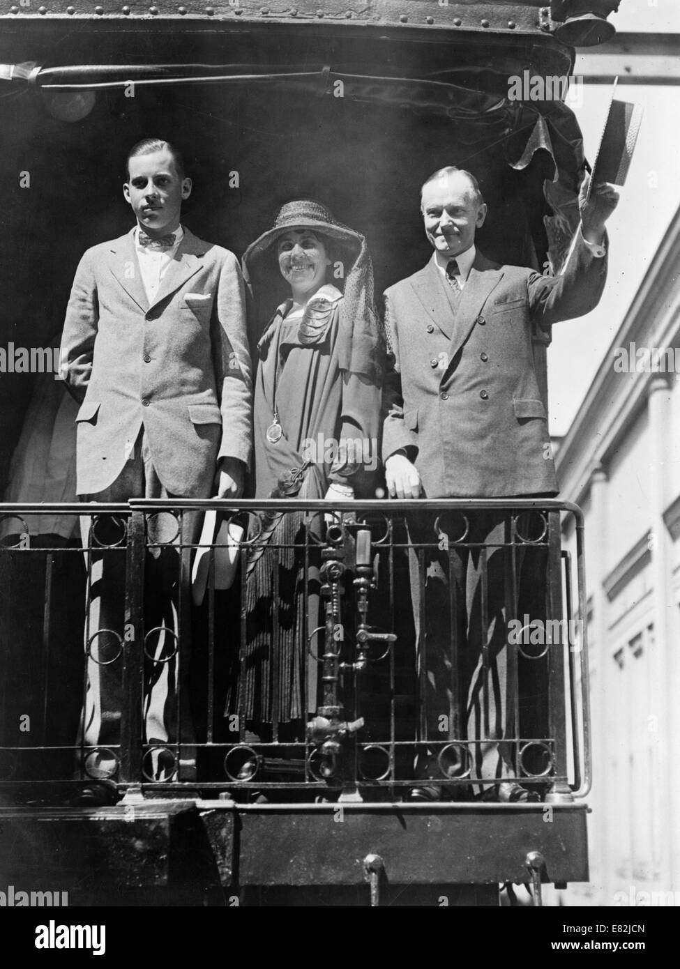 President Calvin Coolidge, with wife and son, on back of railroad train. Between 1922 and 1929 Stock Photo