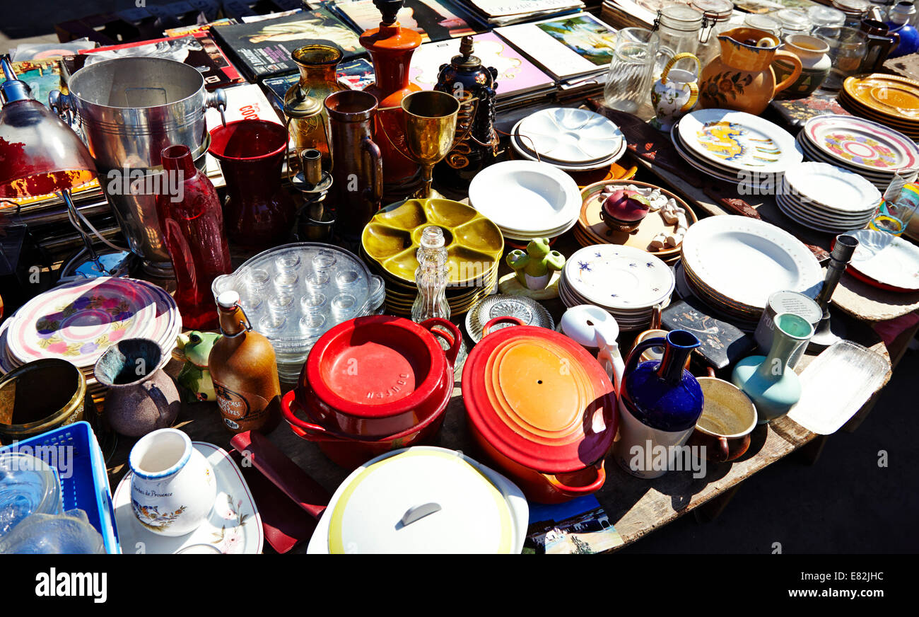 French junk in market stall, Paris Stock Photo