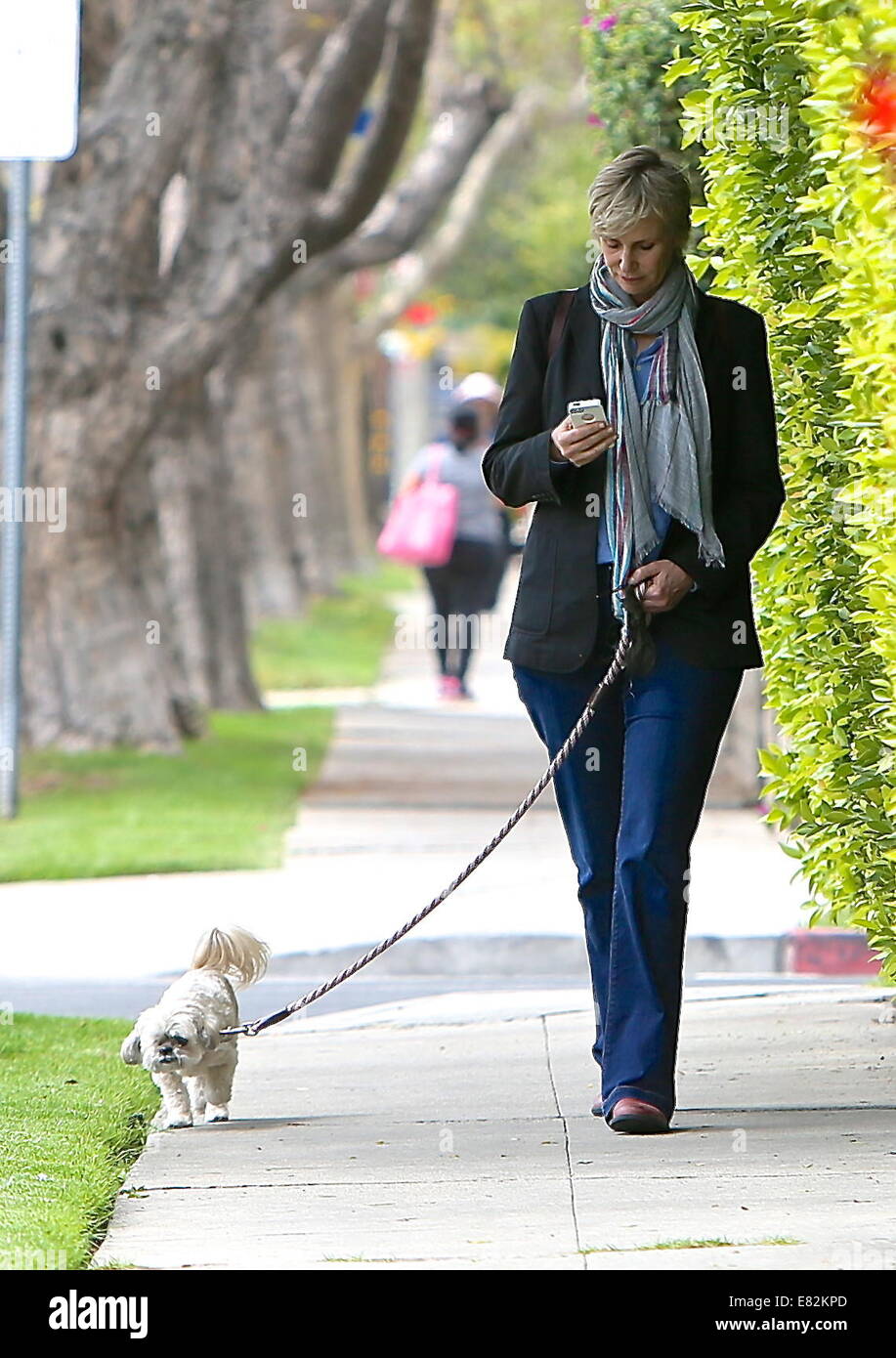 Jane Lynch seen walking her dog Olivia in West Hollywood. Featuring