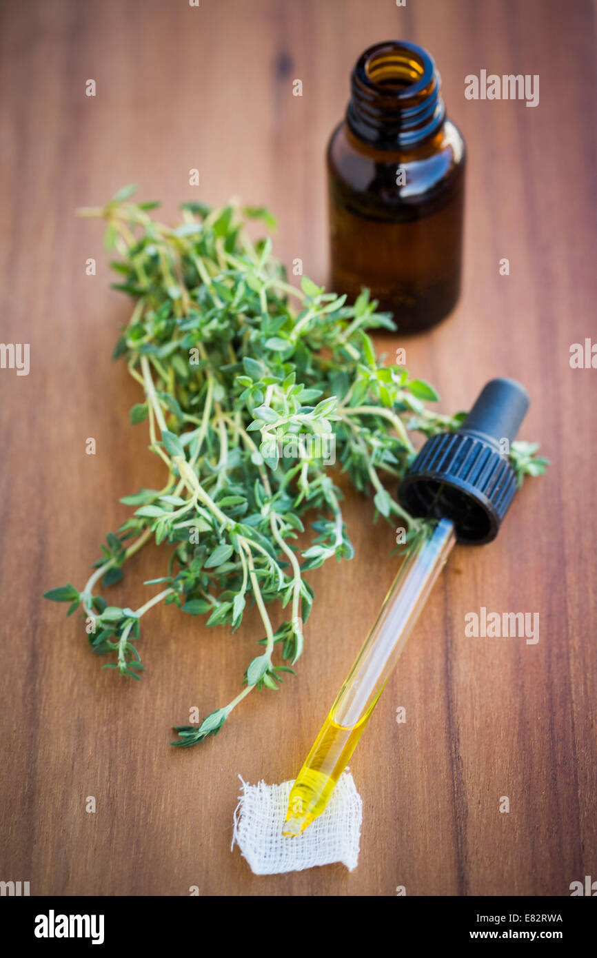 Essentiel oil of thyme (Thymus vulgaris). Stock Photo