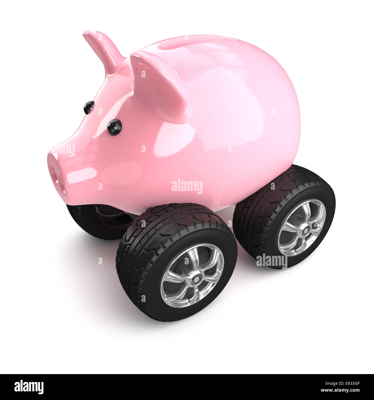 3d render of a pink piggy bank on car wheels Stock Photo - Alamy