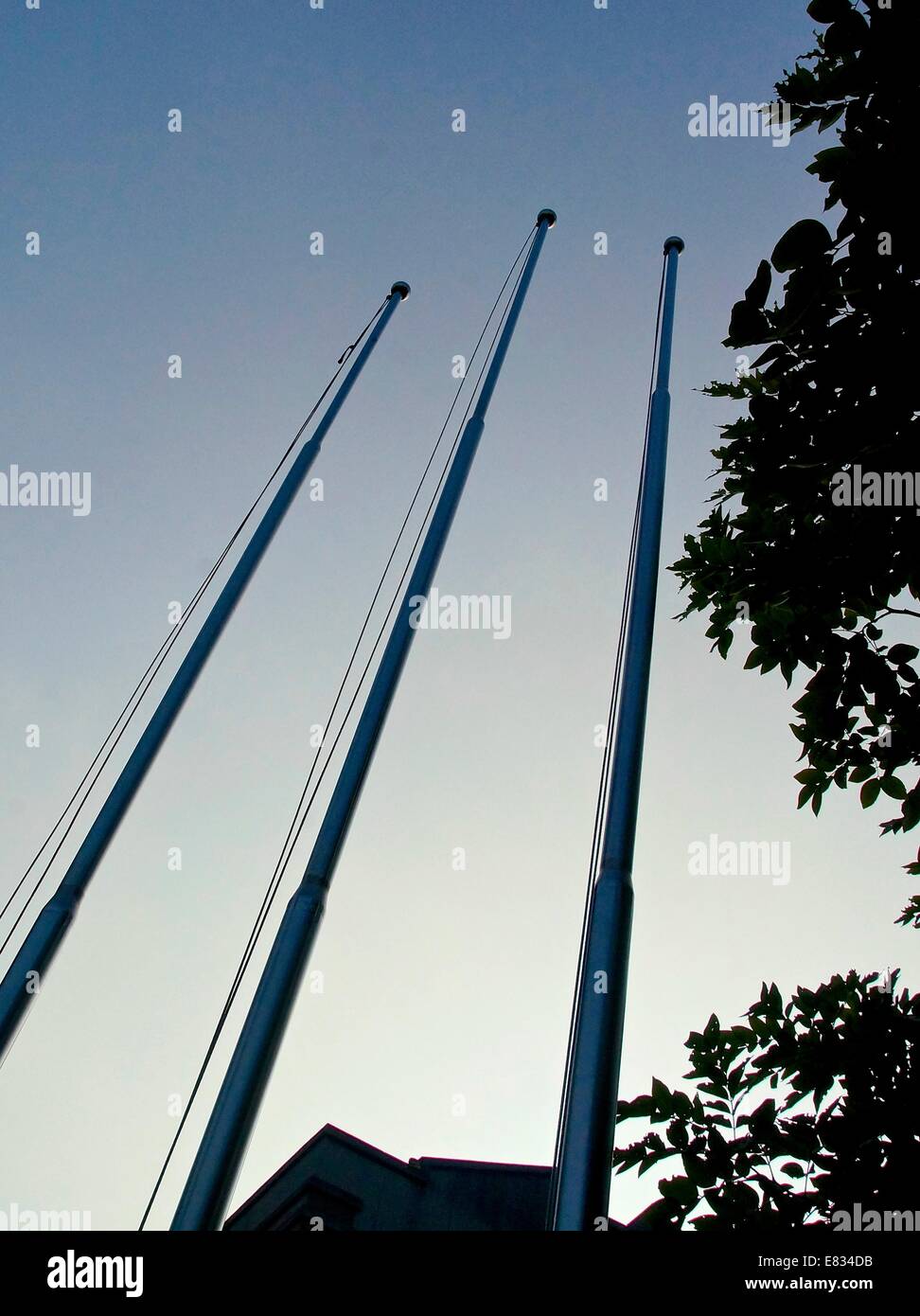 Three flag pole at school near dawn Stock Photo