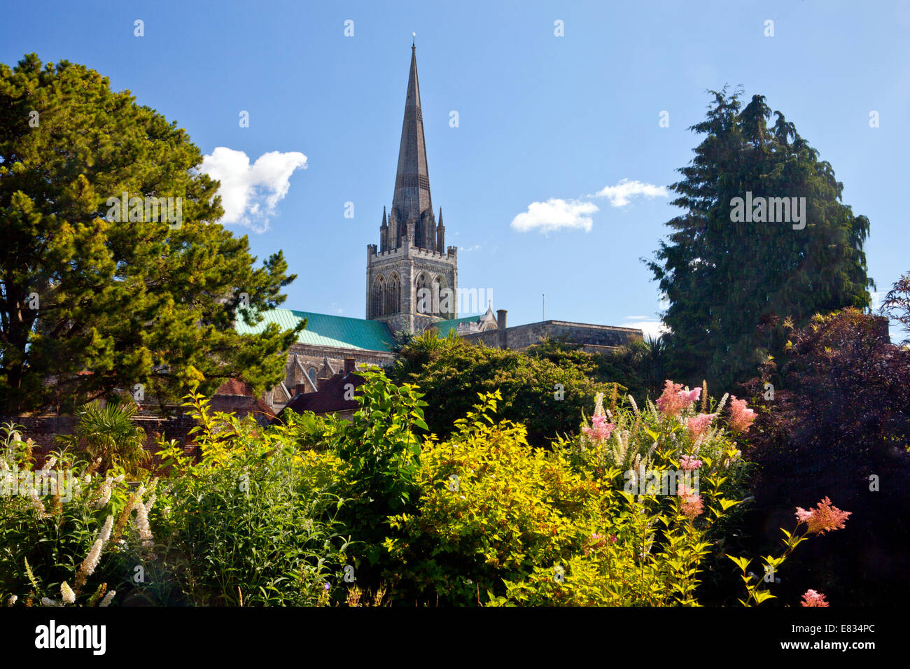 The Cathedral Church of the Holy Trinity from the Bishop's Palace Gardens in Chichester, West Sussex, England, UK Stock Photo