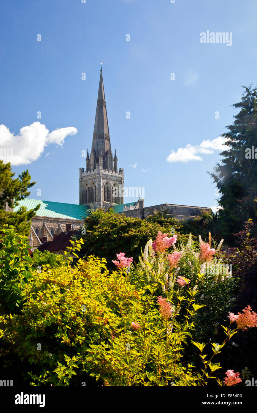 The Cathedral Church of the Holy Trinity from the Bishop's Palace Gardens in Chichester, West Sussex, England, UK Stock Photo