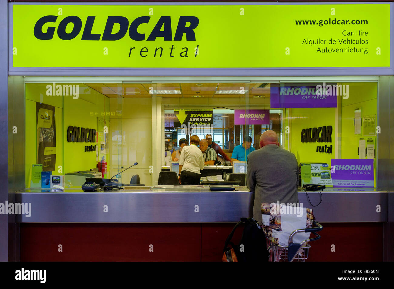 Car hire company sales desks at Tenerife Sur airport, Canary Islands, Spain. Stock Photo