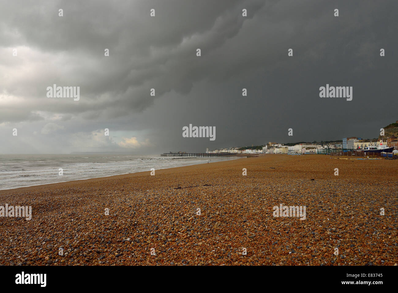 Heavy thunderstorms over Hastings seafront Stock Photo