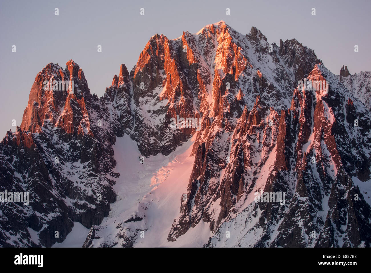 Les Drus and Aiguille Verte at dusk as seen from Requin hut, Vallee Blanche, Chamonix, France Stock Photo