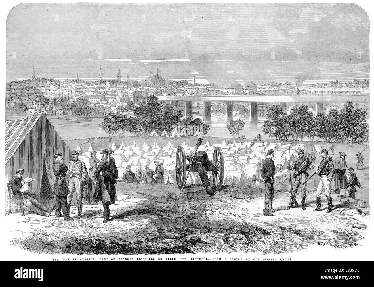 American Civil war Camp of Federal prisoners on Belle Isle Richmond 1864 Stock Photo