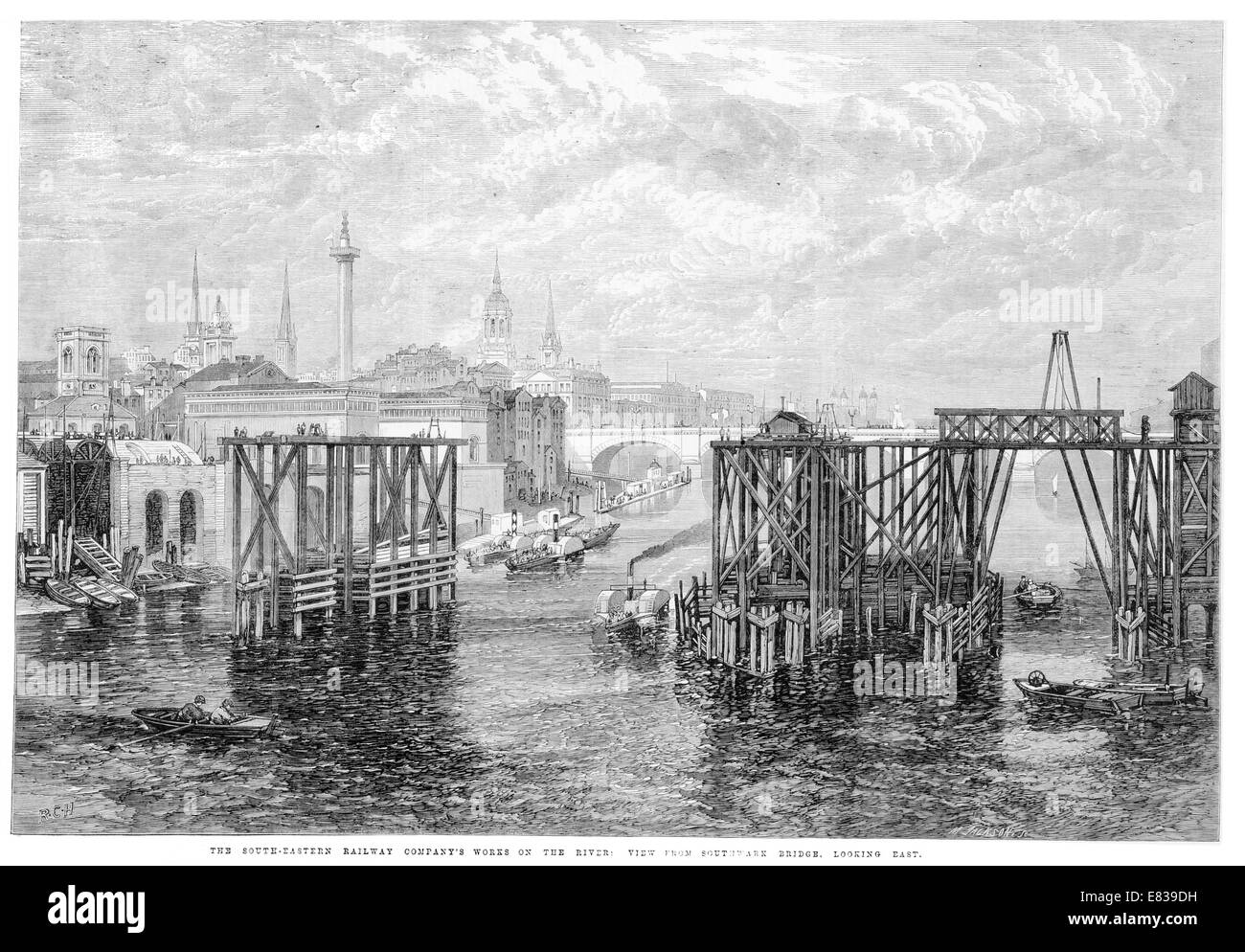 South Eastern  Railway company building Blackfiars railway bridge over river Thames 1864 Stock Photo