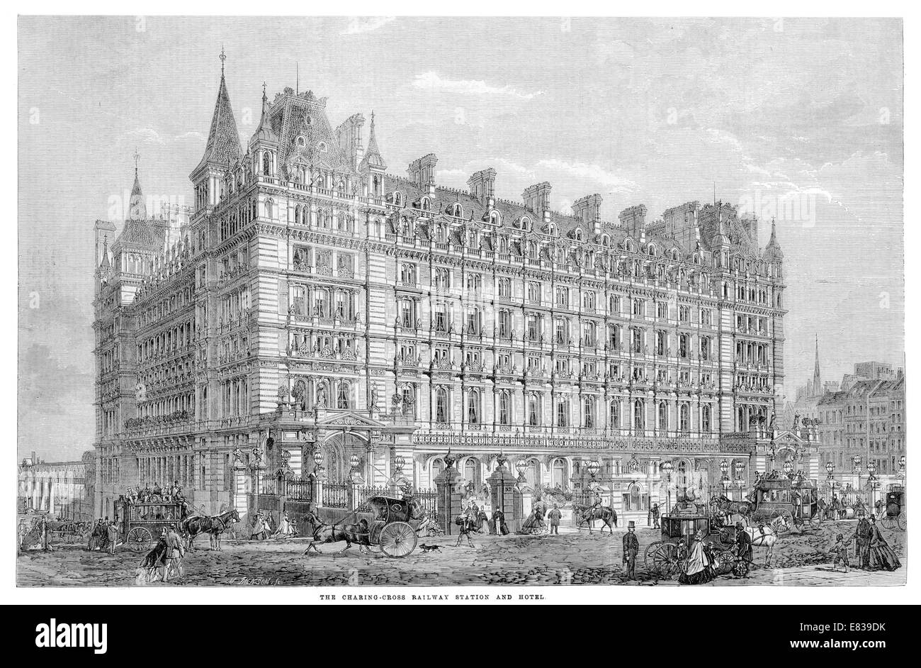 Charing Cross Railway station London and Hotel circa 1885 Stock Photo